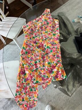 Hello Molly One-Shoulder Floral Mini Dress in Pink, Yellow & Green